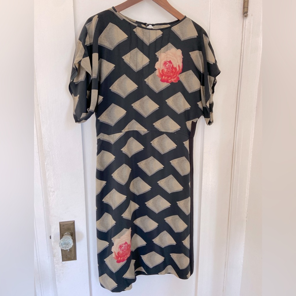 Vintage Black and Beige Geometric Silk Dress with Floral Accents